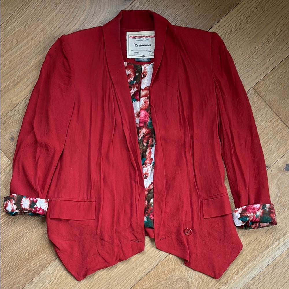 Anthropologie Red Blazer with Waterfall Front and Floral Lining